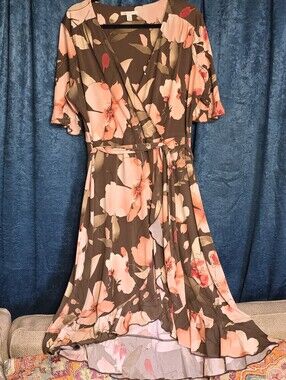 Cato Peach Floral Wrap Dress on Brown Base